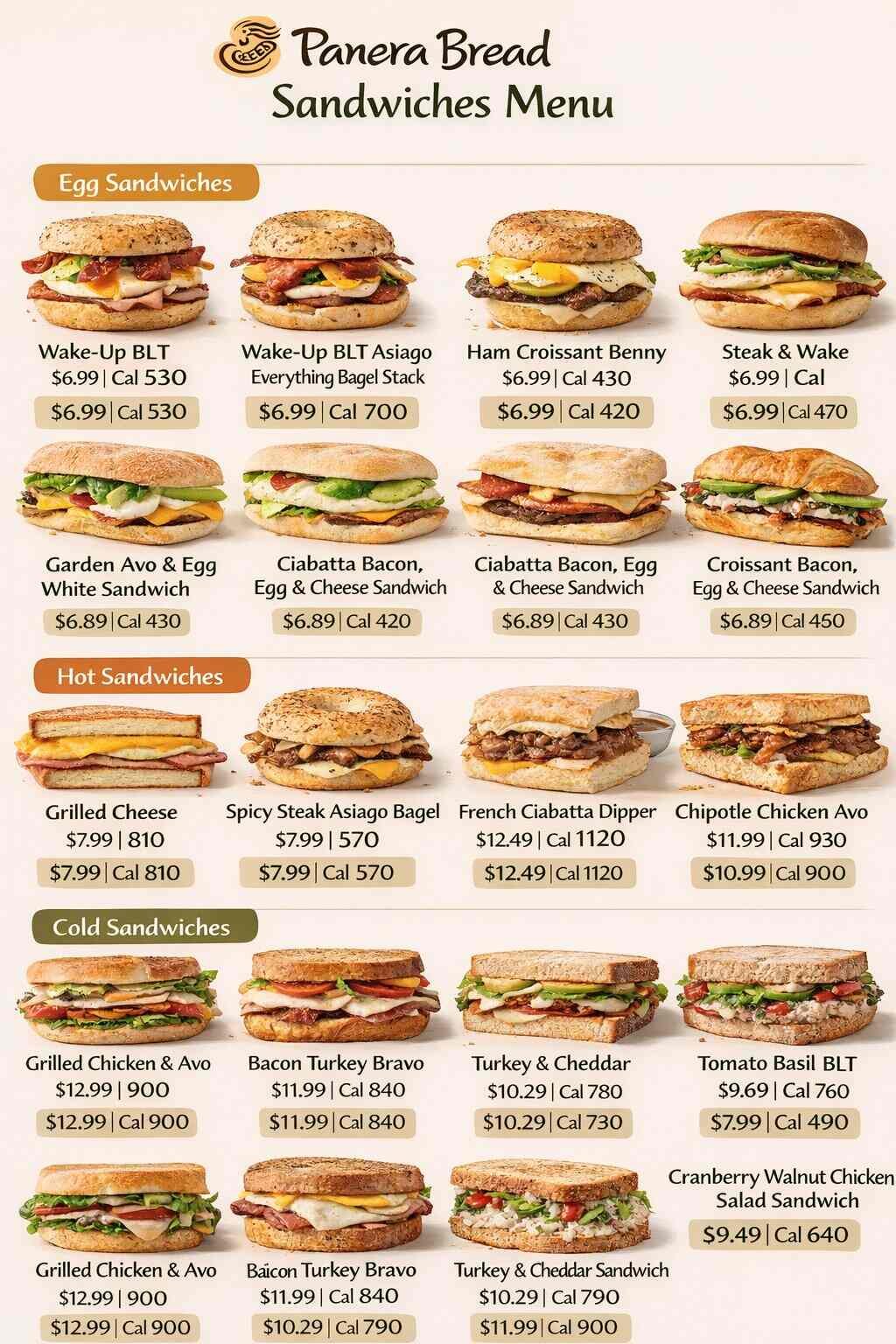 Panera Bread Sandwiches Menu